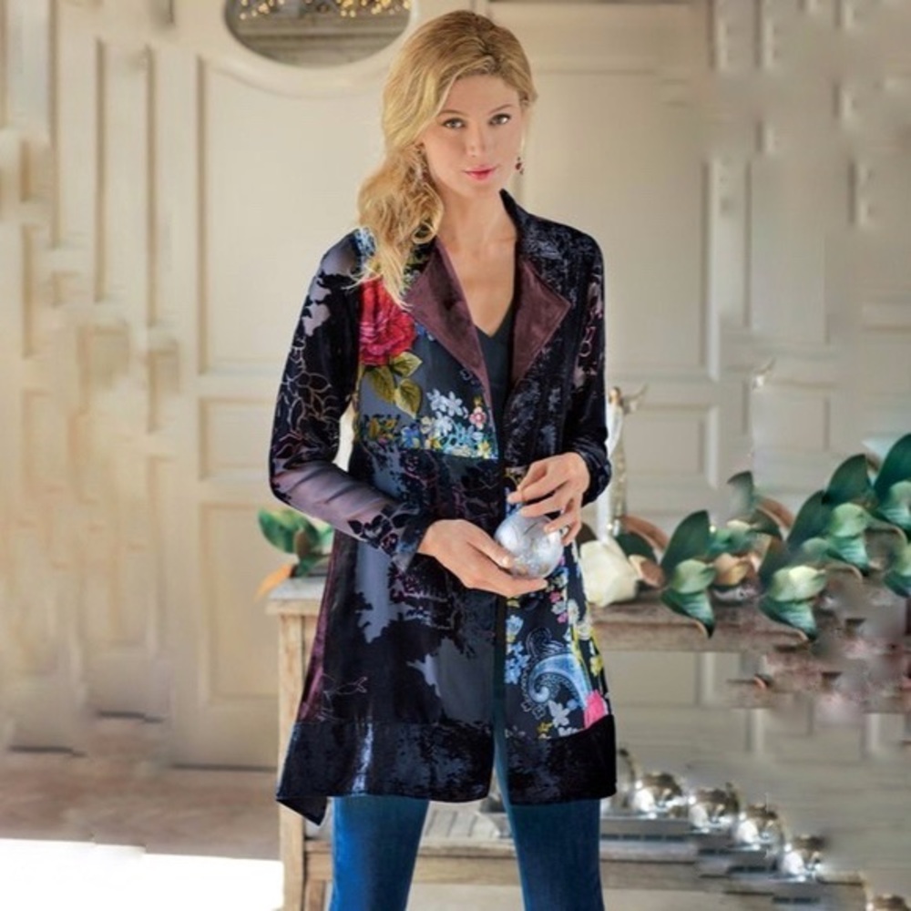 Soft Surroundings  Lisette Tunic Jacket Floral Velvet Patchwork